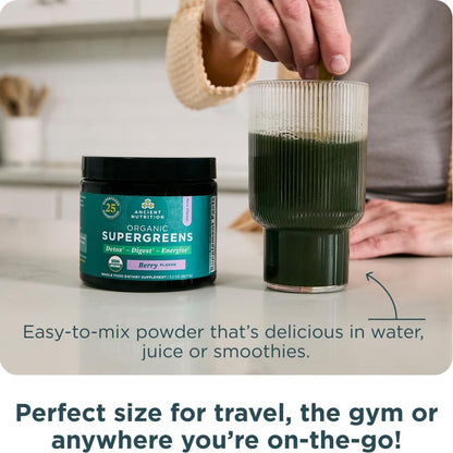 Ancient Nutrition SuperGreens Powder with Probiotics - Organic Berry Flavour, 12 Servings