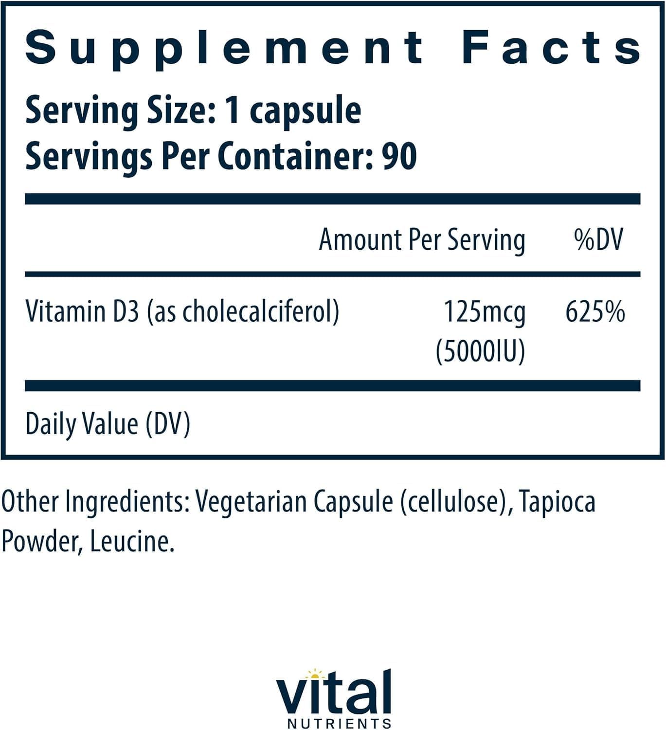 Vital Nutrients Vitamin D 5000 IU - Vitamin D3 Food Supplement - 90 Capsules - görsel 2