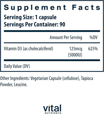 Vital Nutrients Vitamin D 5000 IU - Vitamin D3 Food Supplement - 90 Capsules