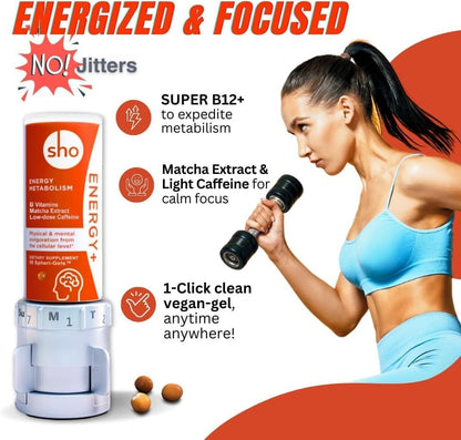 SHO Vegan Energy+ Focus Supplement Kit – Methylated B Complex, Matcha and Caffeine – 60 Softgels
