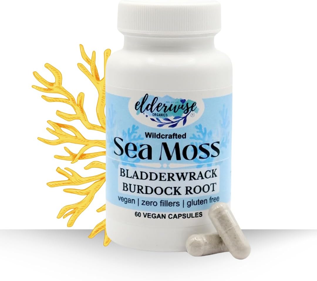 Elderwise Sea Moss Capsules with Burdock Root & Bladderwrack | Superfood Supplement | 60 Vegan Capsules | 30-Day Supply | 1400mg - görsel 1