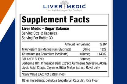 Liver Medic Blood Sugar Complex Supplement – All Natural Support with Berberine, Cinnamon, Bitter Melon, Chromium, Magnesium, Alpha Lipoic Acid, Non-GMO, 120 Capsules