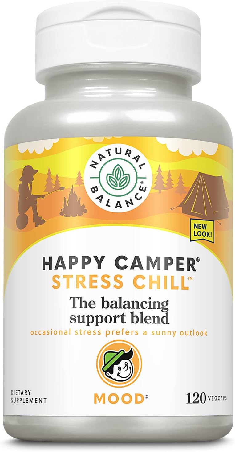 Natural Balance Happy Camper Stress Chill – Balancing Support Herbal Supplement with L-Theanine, Rhodiola Rosea, B Vitamins and Selenium – 120 Veg Caps - görsel 1