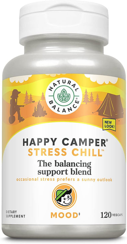 Natural Balance Happy Camper Stress Chill – Balancing Support Herbal Supplement with L-Theanine, Rhodiola Rosea, B Vitamins and Selenium – 120 Veg Caps