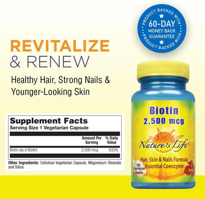 Nature's Life Biotin 2500mcg – Hair, Skin & Nail Health Support, Non-GMO, 100 Veggie Capsules