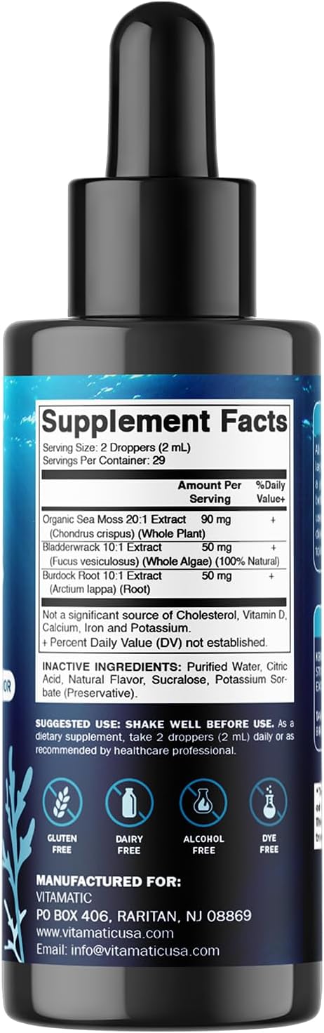 Vitamatic Liquid Organic Irish Sea Moss - Made with Bladderwrack & Burdock Root - 2800 mg per Serving - 60 ml - Sea Moss Supplement for Thyroid, Energy, Immune Support - görsel 8