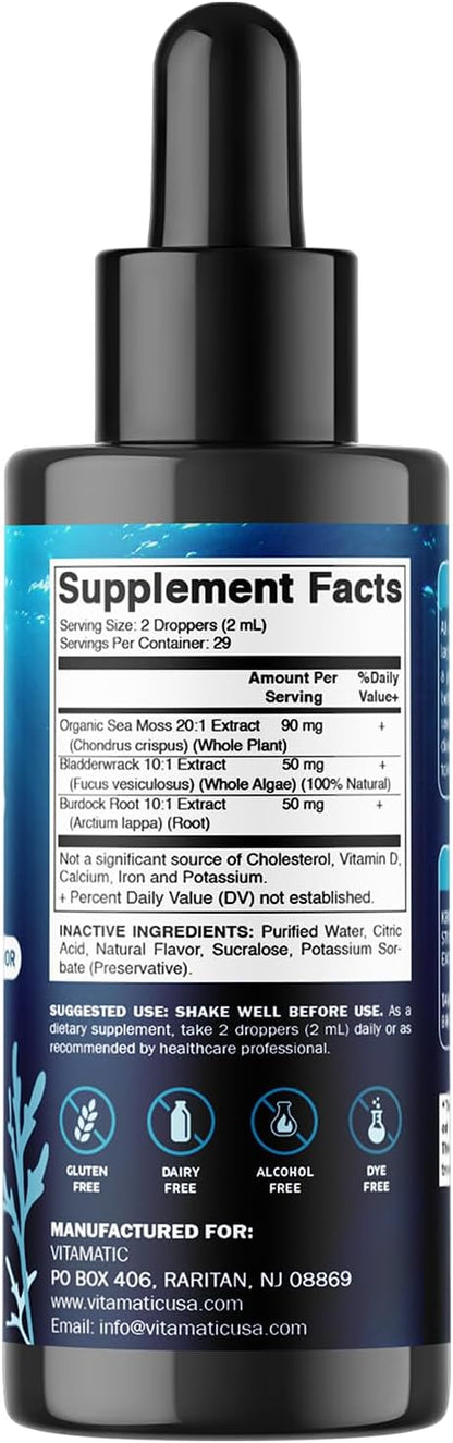 Vitamatic Liquid Organic Irish Sea Moss - Made with Bladderwrack & Burdock Root - 2800 mg per Serving - 60 ml - Sea Moss Supplement for Thyroid, Energy, Immune Support