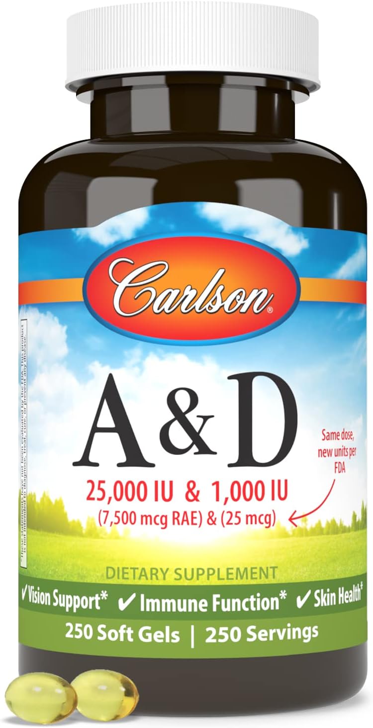 Carlson - A & D, 25000 IU (7500 mcg RAE) Vitamin A, 1000 IU (25 mcg) Vitamin D, Vision Support, Skin Health, 250 Softgels - görsel 5