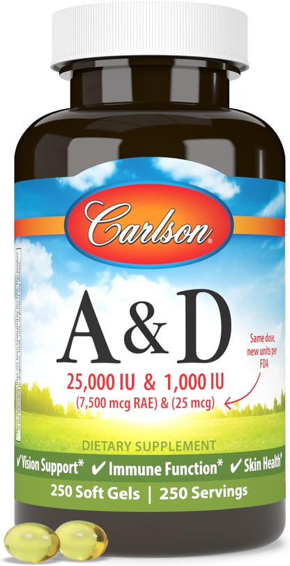 Carlson - A & D, 25000 IU (7500 mcg RAE) Vitamin A, 1000 IU (25 mcg) Vitamin D, Vision Support, Skin Health, 250 Softgels