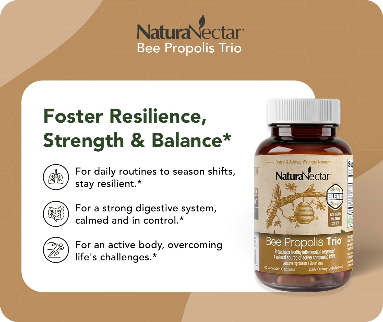 NaturaNectar Bee Propolis Trio Capsules - NSF Certified, Gluten Free, 60 Capsules - görsel 5