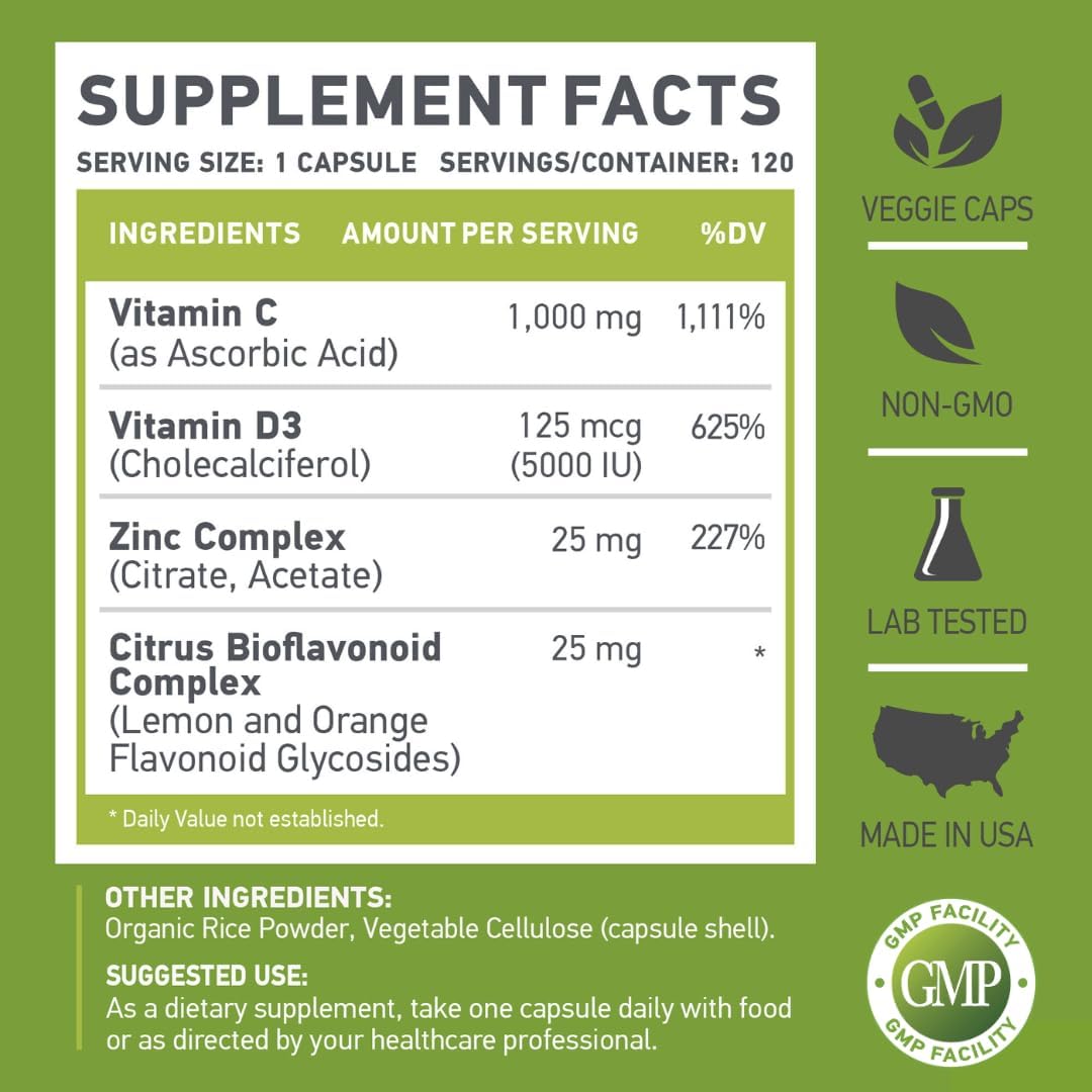 C D Z - Vitamin C 1000mg, Vitamin D3 125mcg (5000 IU), Zinc 25mg - 120 Vegetarian Capsules - görsel 5