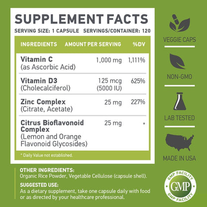 C D Z - Vitamin C 1000mg, Vitamin D3 125mcg (5000 IU), Zinc 25mg - 120 Vegetarian Capsules