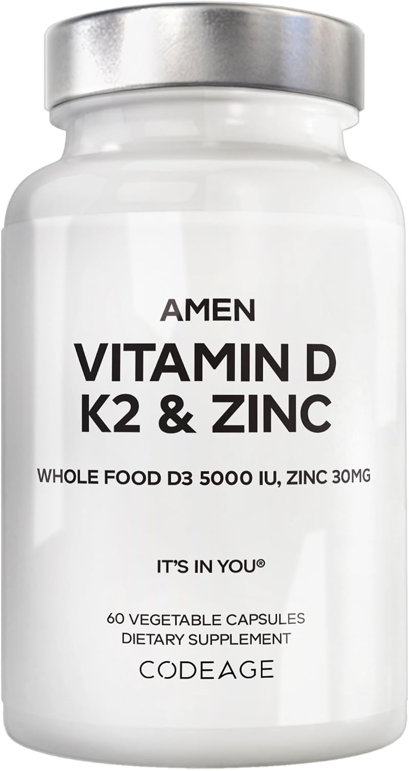 Amen Vitamin D, K2 & Zinc – 5000 IU D3, 90 mcg K2, 30 mg Zinc – Vegan, Non-GMO, Organic Whole Food Blend – 60 Capsules - görsel 1