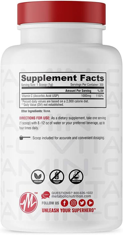 Metabolic Nutrition Vitamin C, 1000mg, Pure Pharma Grade, High Absorption Ascorbic Acid (300g)