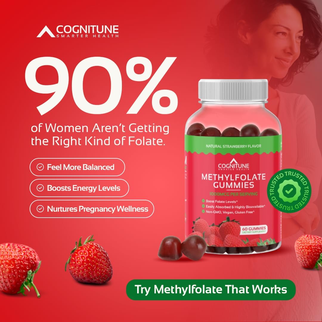 CogniTune Methylfolate Gummies - L-Methylfolate 1000mcg 5-MTHF Folate Supplement for Kids and Adults - Strawberry Chewable Vitamin B9 - Non-GMO Vegan - 60 Gummies - görsel 8