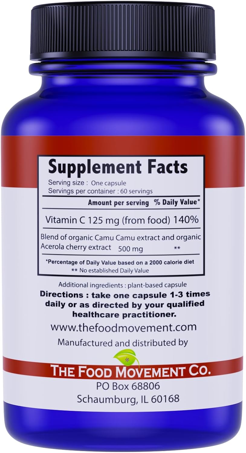 THE FOOD MOVEMENT CO. 100% Plant-Based Vitamin C 125mg – 60 Capsules – Vegan, Organic, Non-GMO, Gluten-Free Supplement with Camu Camu & Acerola - görsel 6