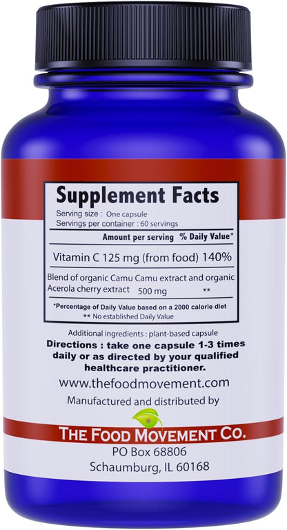 THE FOOD MOVEMENT CO. 100% Plant-Based Vitamin C 125mg – 60 Capsules – Vegan, Organic, Non-GMO, Gluten-Free Supplement with Camu Camu & Acerola