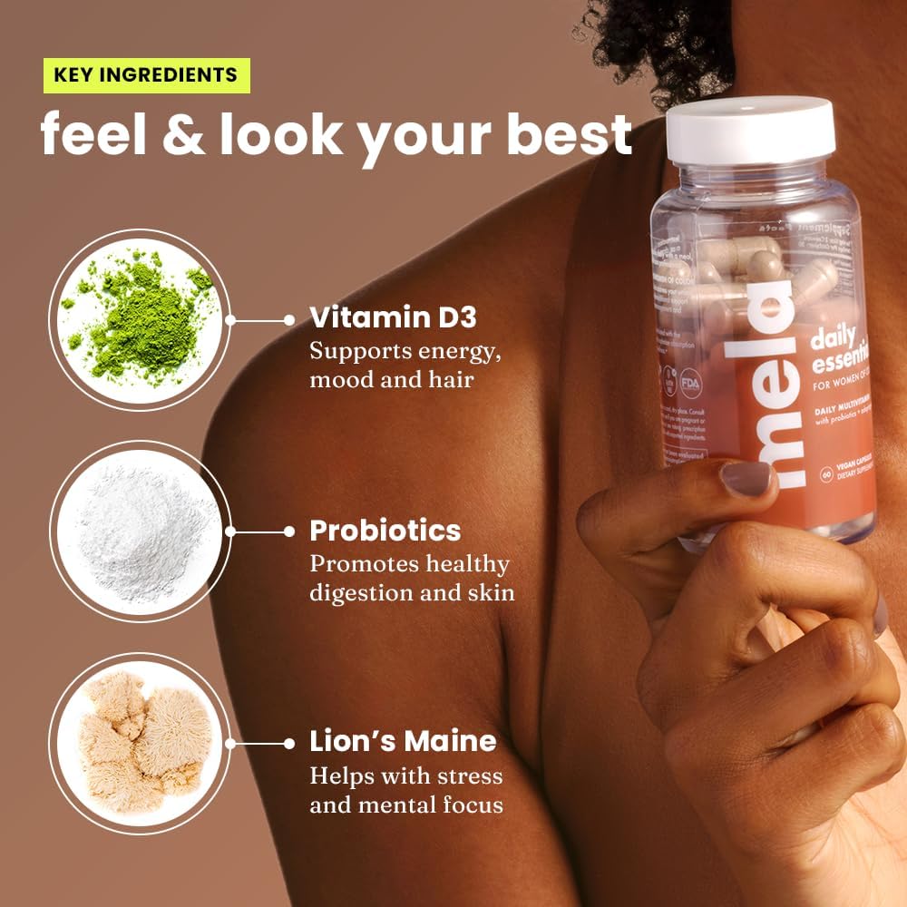 Mela Daily Essentials Multivitamin for Melanated Women - High-Dose Vitamin D3 and B12, Probiotics, Lion's Mane, Ceylon Cinnamon - Vegan, Gluten-Free, Non-GMO, 30-Day Supply (60 Capsules) - görsel 5