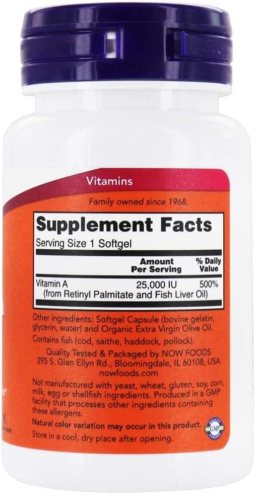 NOW Foods Vitamin A 25000 IU (Retinyl Palmitate) - 100 Softgels - görsel 2