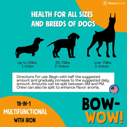 NovaFerrum Bow Wow 18-in-1 Multifunctional Dog Supplement with Iron, Glucosamine, Probiotics & Antioxidants, Chicken Flavour, 90 Chews