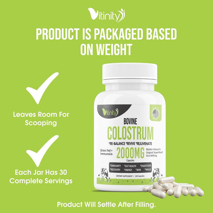 VITINITY Grass-fed Bovine Colostrum Capsules – Natural IgG Supplement for Digestive Health, Immune Support & Muscle Recovery (120 Capsules)