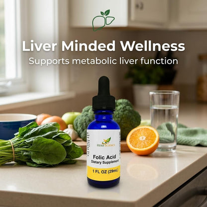 Herb-Science Liquid Vitamin B9 Folic Acid Supplement – Supports Normal Homocysteine Metabolism, Psychological Function & Reduces Tiredness – Vegan, Non-GMO – 30 ml