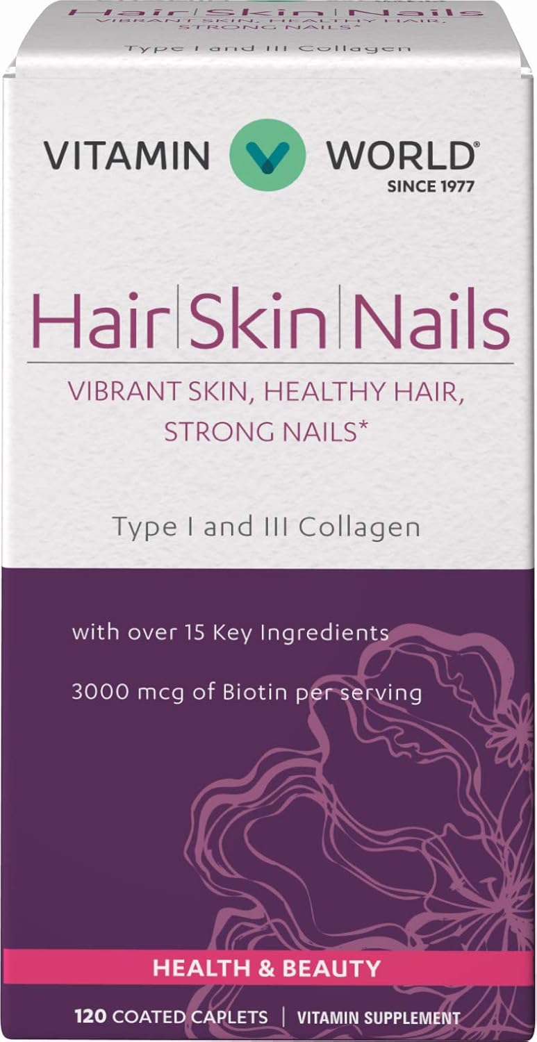 Vitamin World Hair, Skin and Nails Formula - 120 Caplets, Biotin 3000 mcg with Collagen - görsel 1