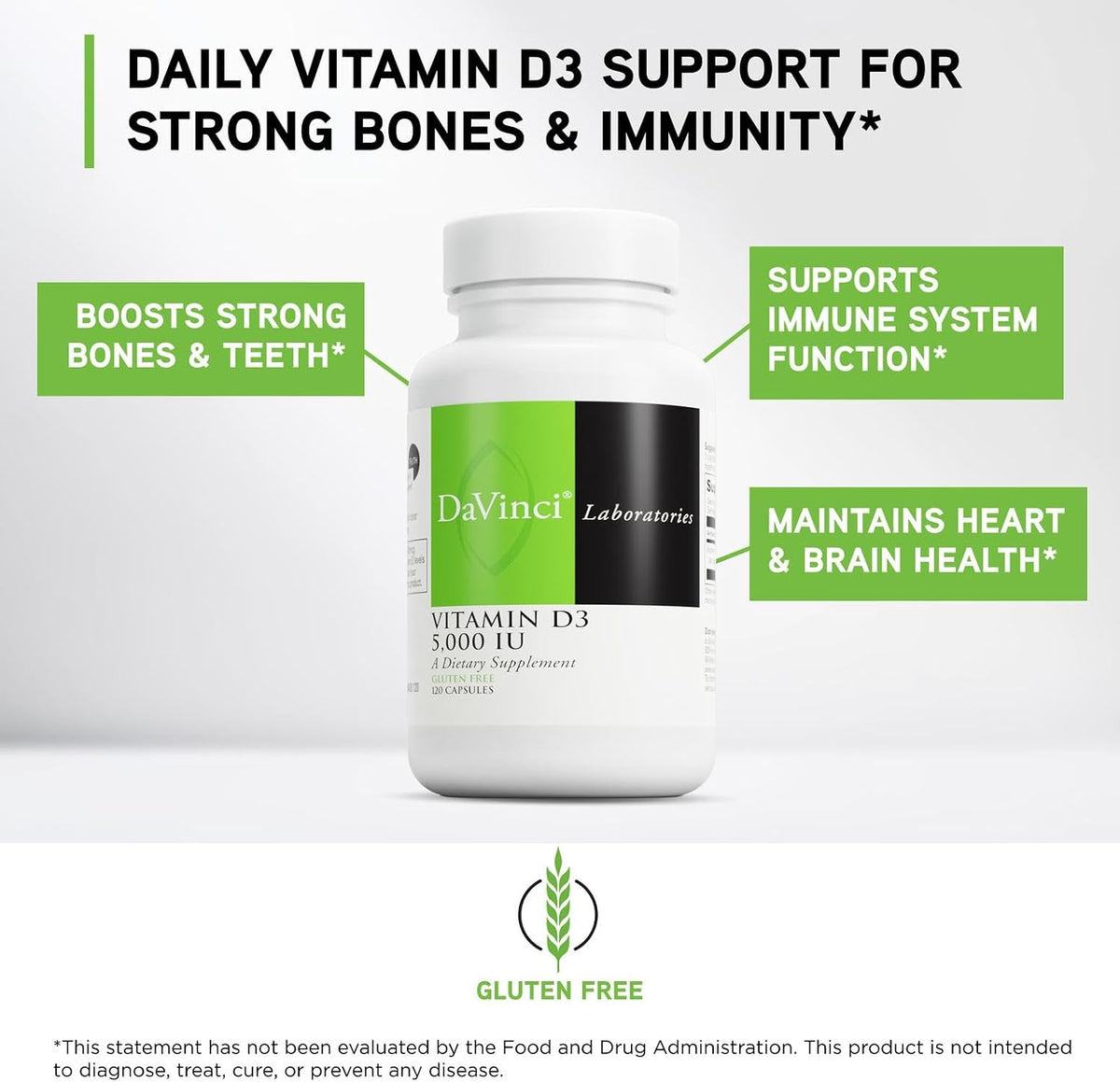 DAVINCI Labs Vitamin D3 5000 IU - Food Supplement for Bone, Immune, and Muscle Health - 120 Capsules - görsel 3