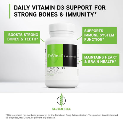 DAVINCI Labs Vitamin D3 5000 IU - Food Supplement for Bone, Immune, and Muscle Health - 120 Capsules