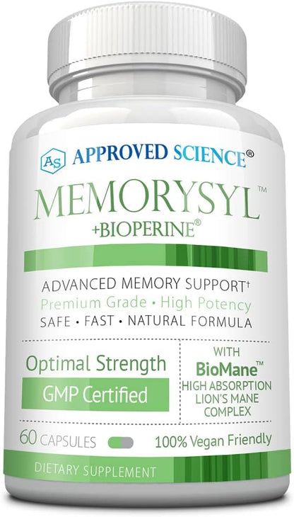 Approved Science MemorySyl – Memory & Focus Supplement with Lion's Mane and BioPerine – 60 Vegan Capsules