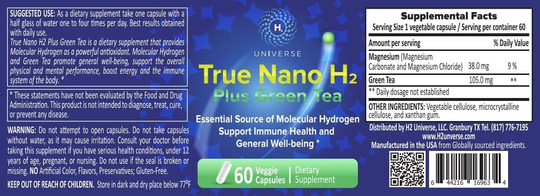 True Nano H2 with Green Tea - Molecular Hydrogen Capsules, Energy and Antioxidant Support, 60 Capsules - görsel 2