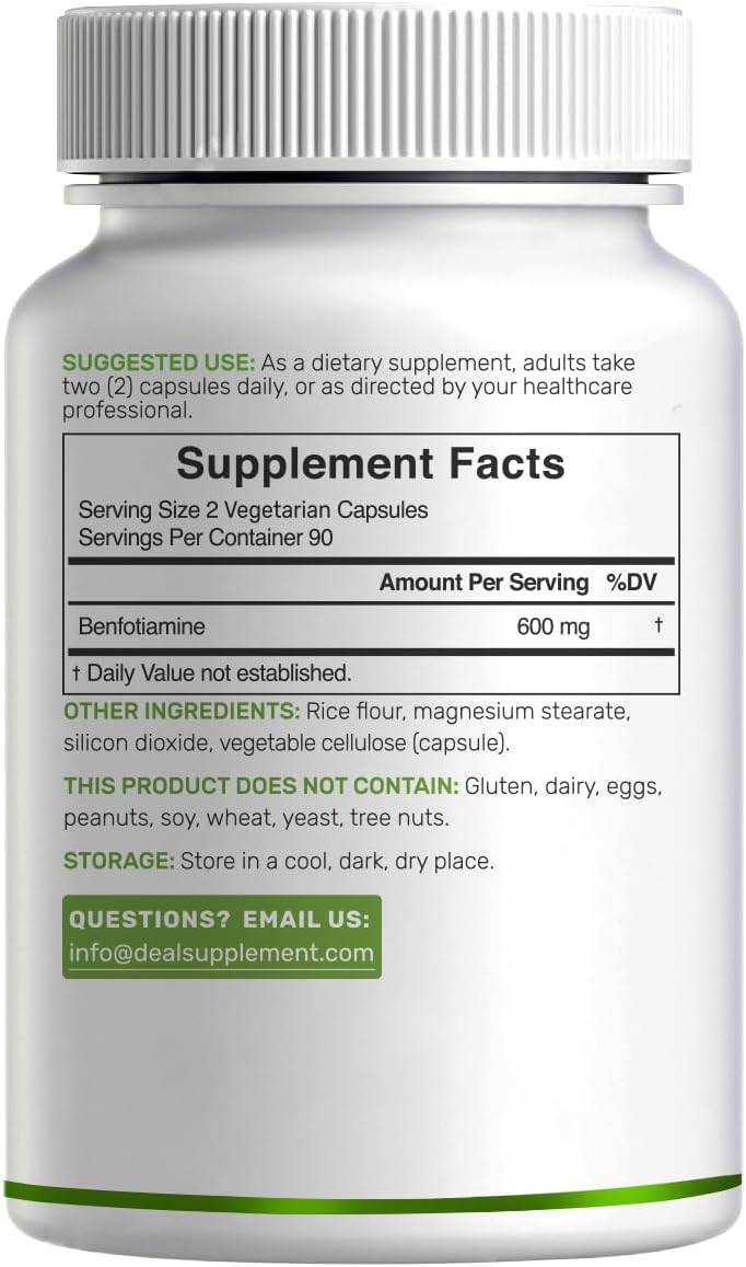 Benfotiamine 600mg Per Serving, 180 Veggie Capsules - Fat Soluble Vitamin B1 (Thiamine) Supplement - Vegan, Non-GMO, Gluten-free - görsel 7