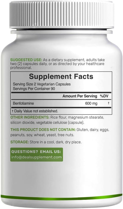 Benfotiamine 600mg Per Serving, 180 Veggie Capsules - Fat Soluble Vitamin B1 (Thiamine) Supplement - Vegan, Non-GMO, Gluten-free