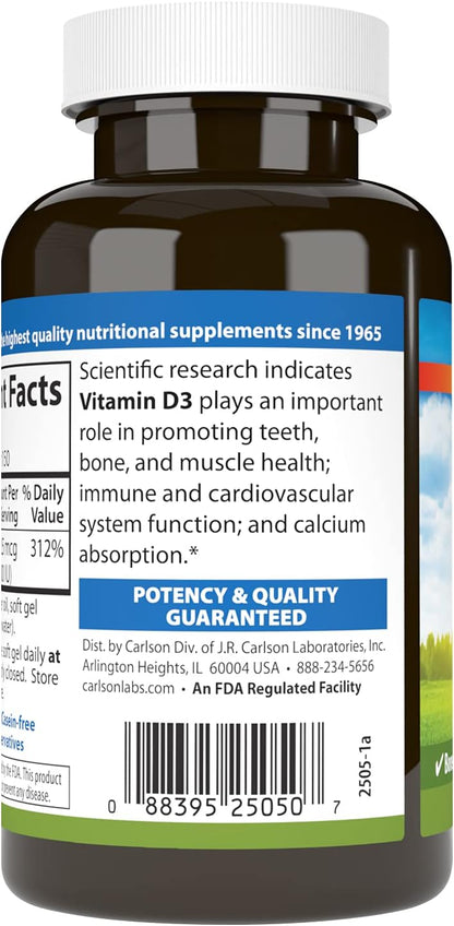 Carlson Vitamin D3 2500 IU (62.5 mcg) Soft Gel Capsules – 150 Capsules