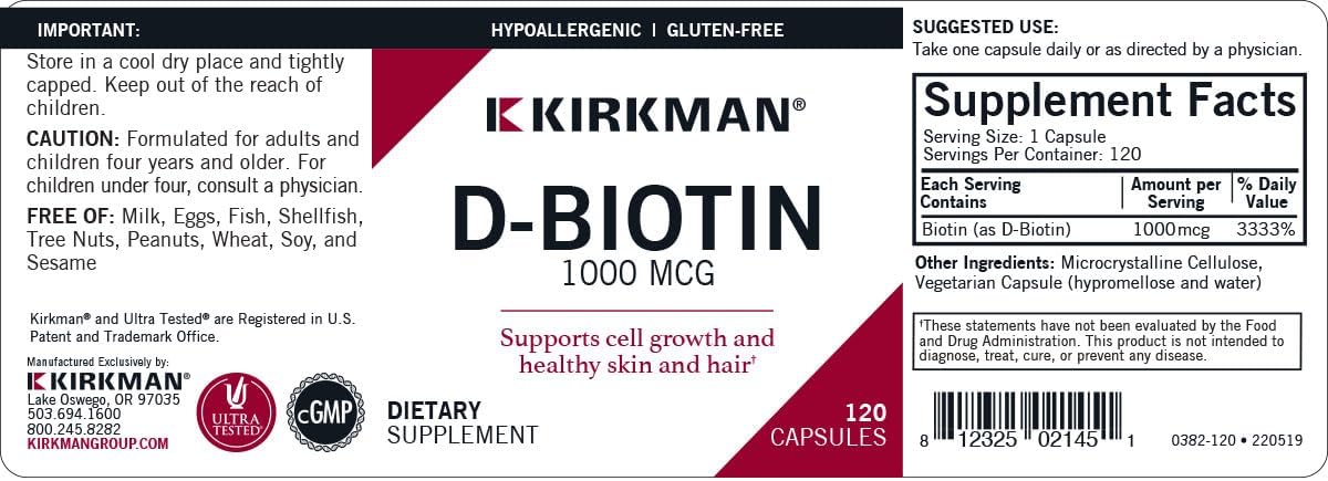 Kirkman d-Biotin 1000 mcg Capsules – Hypoallergenic, 120 Count - görsel 3