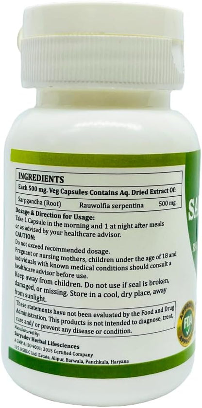Morsan Health care Sarpgandha (Rauwolfia Serpentina) 500 mg Capsules, Pure and Herbal Food Supplement 60 Veg Capsules