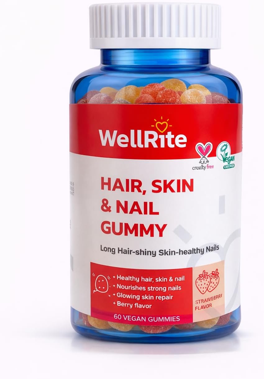 Wellrite Hair, Skin & Nail Gummy Vitamins - Strawberry Flavoured - 60 Count - Vegan & Gluten-free - görsel 1