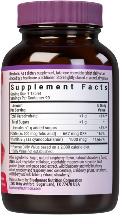 Bluebonnet Nutrition Earth Sweet Vitamin B12 & Folic Acid Chewable Tablets - Raspberry, 90 Tablets