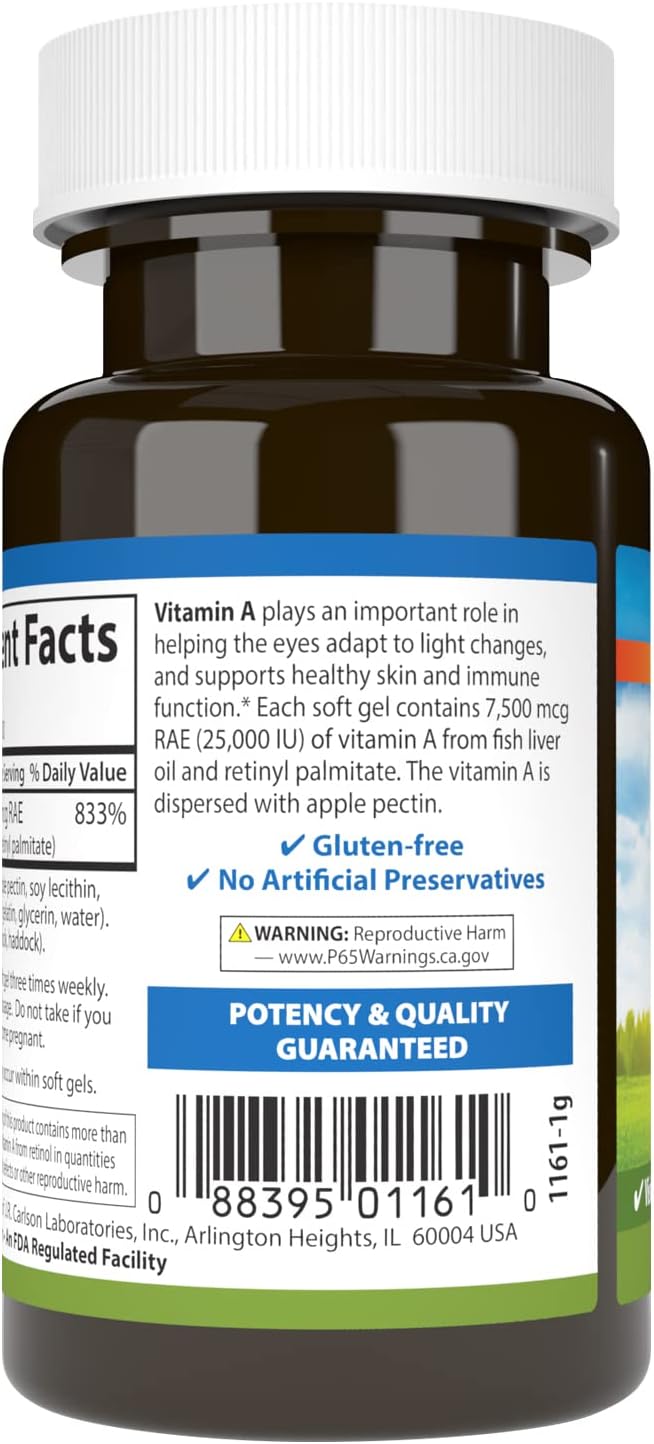 Carlson Labs Vitamin A with Pectin, 25,000 IU, 100 Softgels - görsel 3