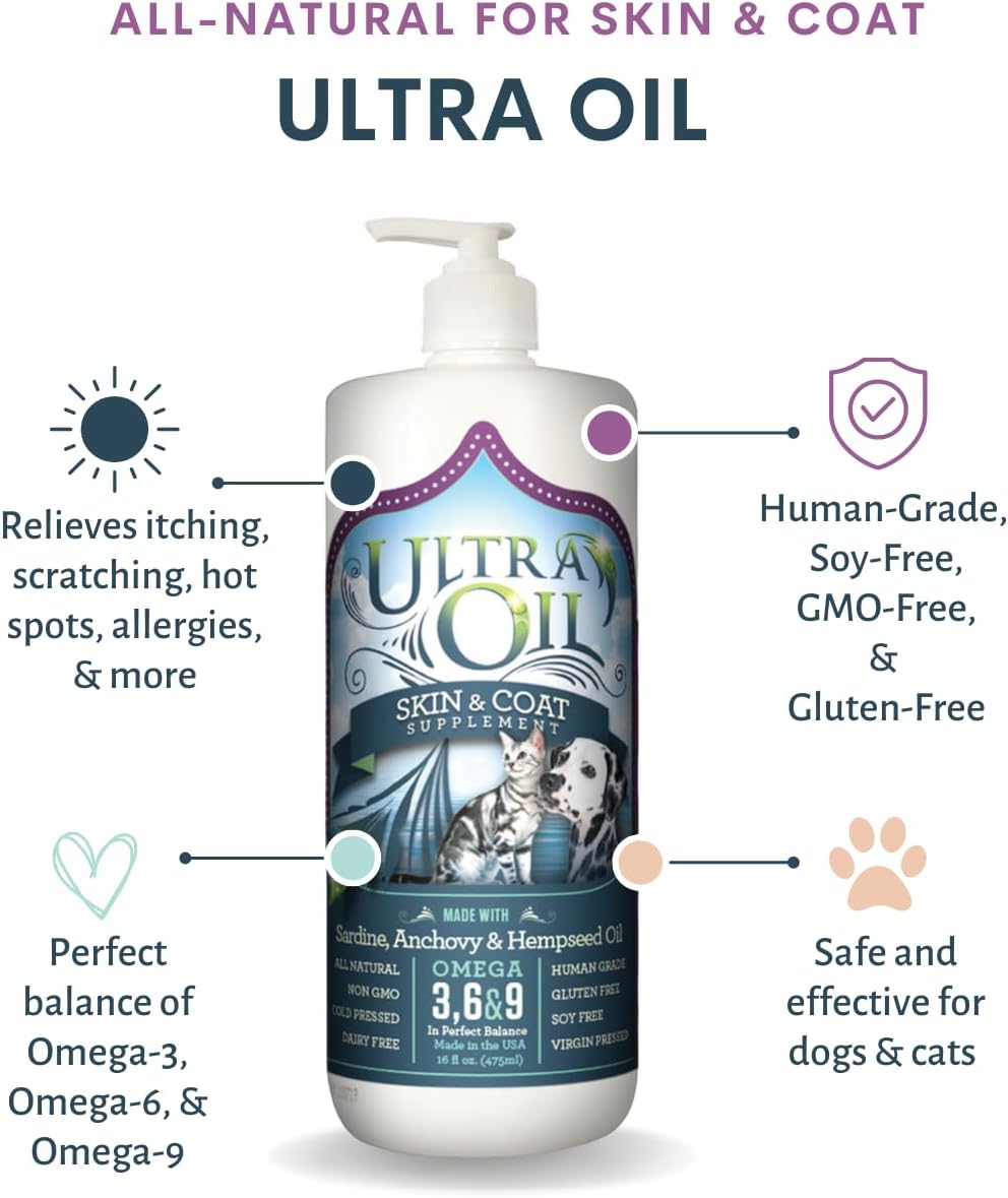 Ultra Oil Dog & Cat Supplement with Hemp, Flaxseed & Fish Oils - 946ml - For Dry Skin, Dull Coat, Hot Spots, Dandruff, Allergies - görsel 2