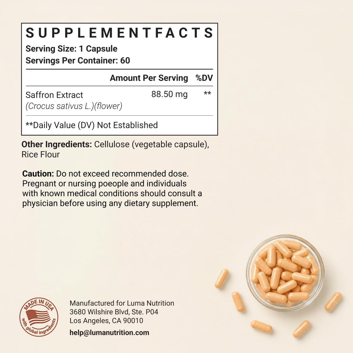 Luma Nutrition Saffron Extract Capsules – 88.5 mg Pure Saffron Pills for Mood & Eye Support (60 Capsules) - görsel 3