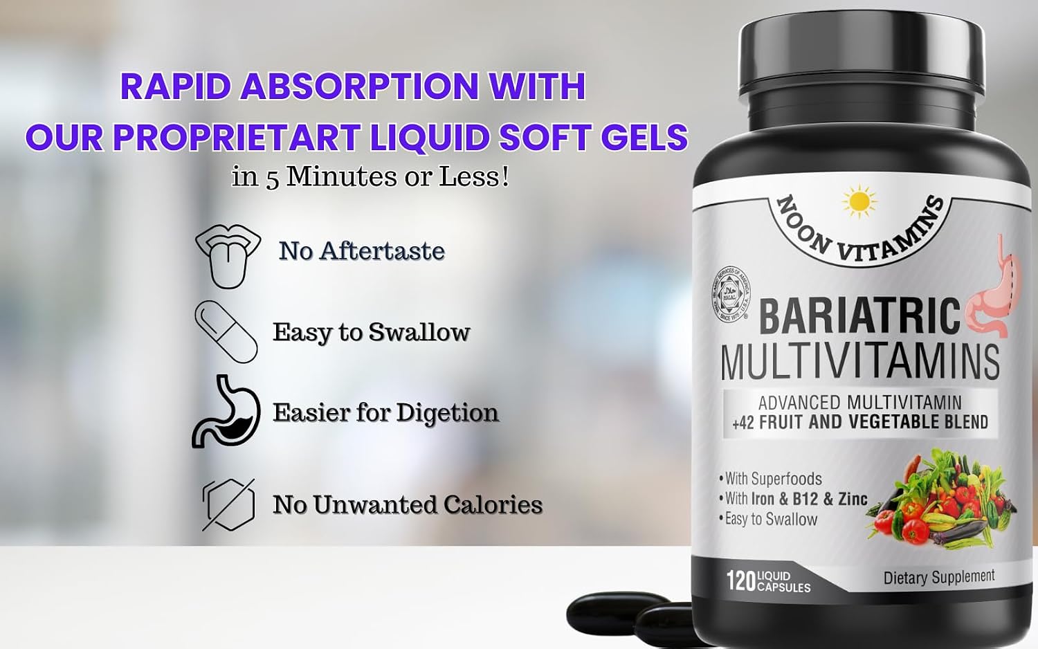 Bariatric Multivitamin with Iron for Women & Men - All-in-One 42 Superfood Blend for Energy & Immune Support - Post-Surgery Recovery, Easy-to-Swallow, Halal, Made in USA (120 Liquid Capsules) - görsel 3