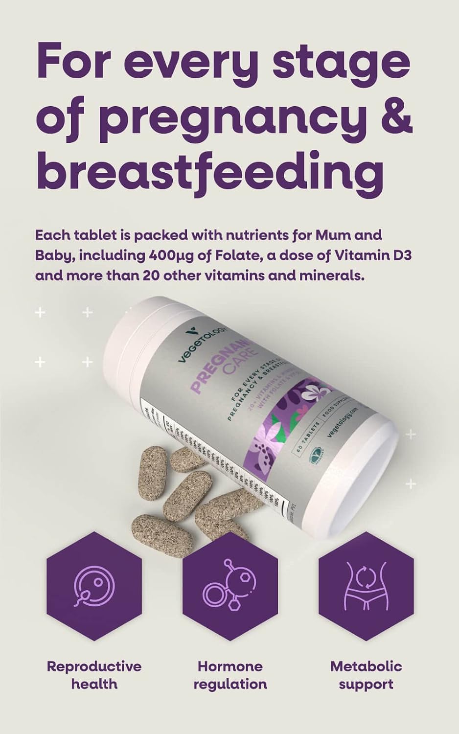 VEGETOLOGY Pregnancy Vitamins for Women – Prenatal Vitamin & Postnatal Vitamins for Breastfeeding Mum with 20+ Vitamins, Folate & More – Vegan Prenatal Vitamins for Every Stage of Pregnancy (60 Tablets) - görsel 3