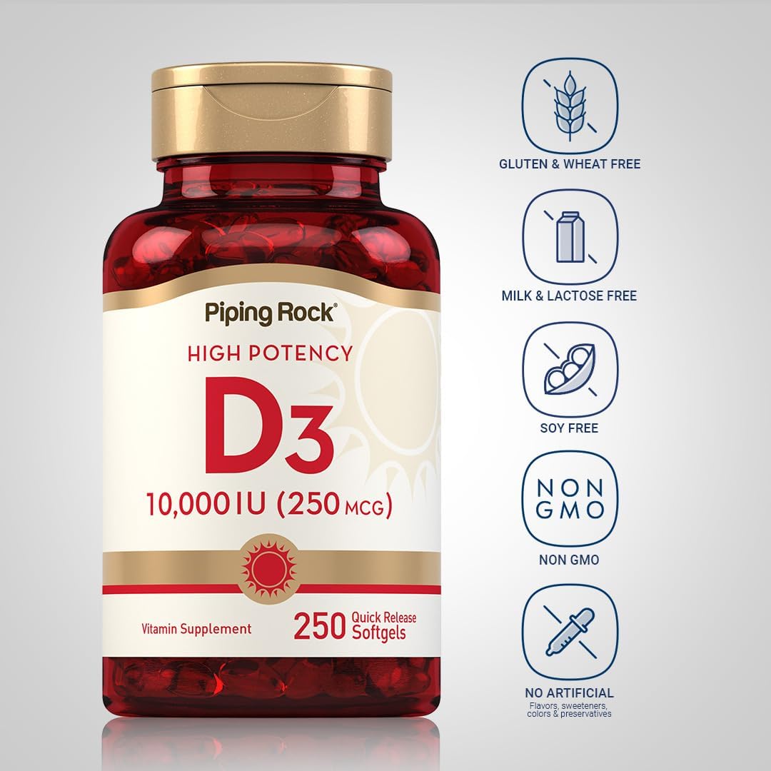 Piping Rock Vitamin D3 10,000 IU | 250 mcg | 250 Softgels | High Potency | Non-GM & Gluten-free Supplement - görsel 3