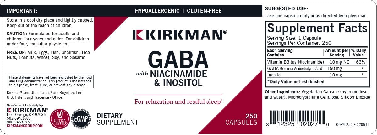 Kirkman GABA 150 mg with Niacinamide and Inositol - Hypoallergenic, 250 Capsules - görsel 3