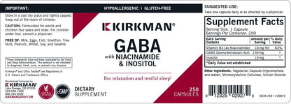 Kirkman GABA 150 mg with Niacinamide and Inositol - Hypoallergenic, 250 Capsules