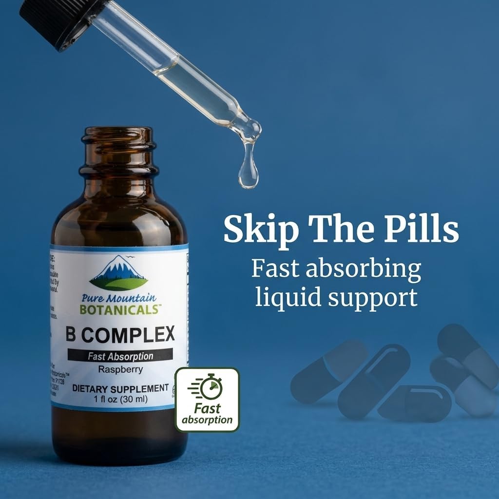Pure Mountain Botanicals Liquid Vitamin B Complex - B12 B6 Drops - Raspberry Flavour - Kosher Non-GMO - 30 Servings - görsel 3