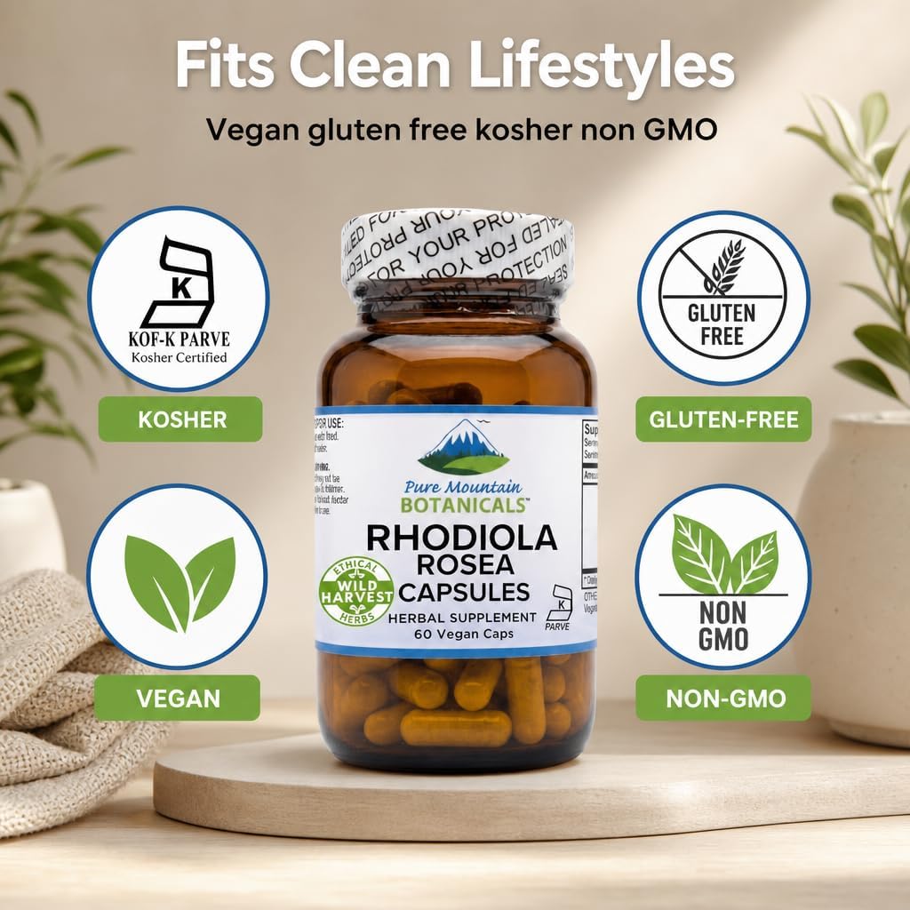 Pure Mountain Botanicals Rhodiola Rosea Supplement - 60 Capsules, 250mg - Standardised 3% Rosavins & 1% Salidroside - Vegan, – Image 6