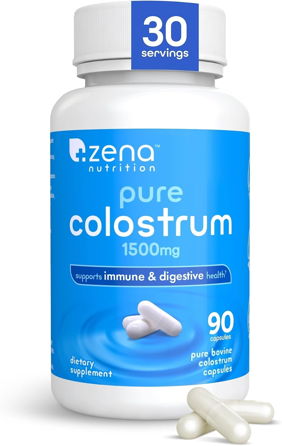 Zena Nutrition Pure Colostrum Capsules, 1500mg Supplement, Grass-Fed Bovine Colostrum, Supports Immune and Digestive Health, Promotes Gut Health, Gluten-free, Fat-Free, 1 Month Supply, 90 Capsules - görsel 1
