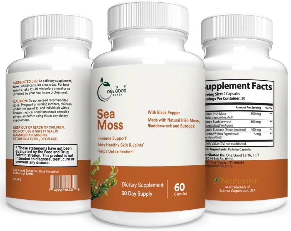 One Good Earth Sea Moss Capsules with Irish Moss, Bladderwrack, Burdock, Black Pepper, and Essential Vitamins & Minerals (60 Capsules) - görsel 1